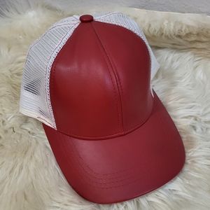 Winner Vintage Faux Leather Red Mesh Snapback Hat